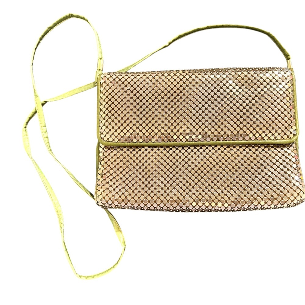 Vintage Whiting & Davis Gold Mesh Bag Green Crossbody Strap and Trim Snap Flap